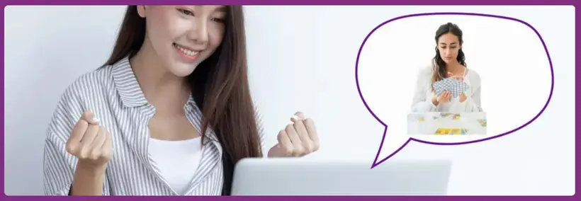An excited woman in a striped shirt celebrating while looking at a laptop, with a speech bubble showing another woman performing what appears to be a tarot card reading